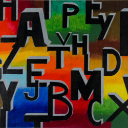 Schwarze Buchstaben auf buntem Hintergrund