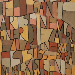 Schwarze Buchstaben auf buntem Hintergrund: "Buchstabenteppich"