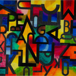 Schwarze Buchstaben auf buntem Hintergrund