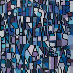 Schwarze Buchstaben auf buntem Hintergrund: "Buchstabenteppich"