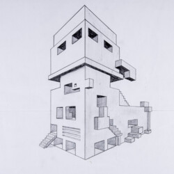 Perspektive mit 2 Fluchtpunkten: Futuristisches Gebäude