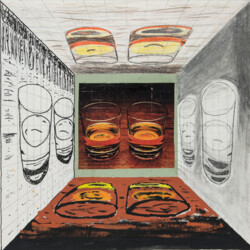 Surrealer Raum mit Trinkgläsern